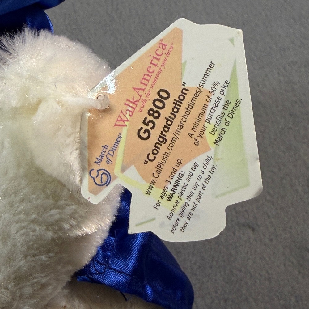 Calplush March of Dimes WalkAmerica Graduation Bear White Plush G5800 Blue Cap - Picture 7 of 7